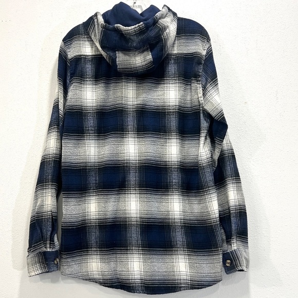 Open Trails Mens Hooded Blue and Grey Button Up Flannel Shacket Size Medium - Picture 3 of 4